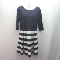 ◇ tocco ボーダー柄 ラウンドネック きれいめ カジュアル 長袖 ひざ丈 ワンピース サイズM-L ネイビー レディース E  【1310050015770】