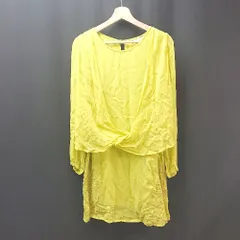 ◇ AIC. エーアイシー シアー素材 裾刺繍柄 カシュクール風 おしゃれ 長袖 膝丈 ワンピース サイズM イエロー レディース E  【1310050025007】