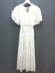 ◇ daycloset Vネック バックリボン 花柄 フリル ウエストゴム 半袖 ロング丈 ワンピース サイズⅯ ベージュ レディース E  【1310050039332】