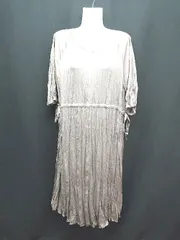 ◇ earth music&ecology サイドリボン プリーツ Vネック 長袖 ロング ワンピース サイズF グレーベージュ レディース E  【1310130011890】