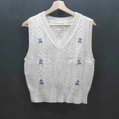 ◇ gu ジーユー ニット Vネック 刺繡 花柄 レイヤード 重ね着 ケーブル編み ベスト サイズL ホワイト レディース E  【1310130011098】