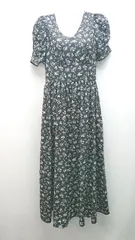 ◇ N. 総花柄 パフスリーブ 裏地あり きれいめ おしゃれ 半袖 ロング丈 ワンピース サイズM ブラック レディース E  【1310130025613】