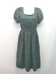 ◇ ノーブランド ドット柄 パフスリーブ かわいい 裏地あり 半袖 ロング丈 ワンピース サイズS ブラック レディース E  【1310130026030】