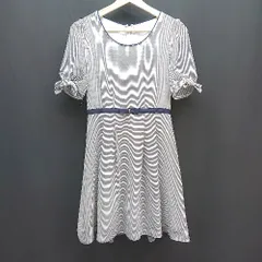 ◇ Rew de Rew Uネック 裏地 バックジップ ボーダー柄 薄手 リボン 半袖 膝丈 ワンピース サイズ36 ネイビー レディース E  【1310130041729】