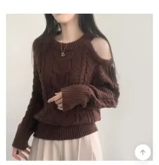 アシンメトリーオフショルダー ハン スリット ブラウン ニット ably