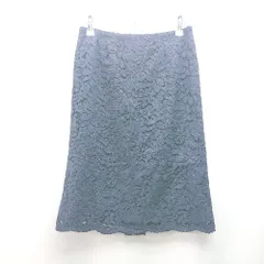 ◇ GREEN LABEL RELAXING バックファスナー 総レース 裏地あり 膝丈 ストレート スカート サイズ38 ネイビー レディース E  【1310130045567】