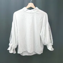 ◇ La-gemme ラジェム ラウンドネック 無地 シアー切り替え 五分袖 ブラウス サイズM ホワイト レディース E  【1310130048230】