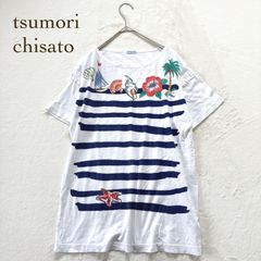 ツモリチサト 夏柄ボーダーTシャツ コットン 白（M）花柄　海　プリント　カジュアル