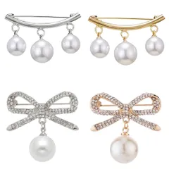 4ピース ブローチピン 襟ピン 人工パール ブローチ ちょう結びパールペンダントブ シンプルカーブパールペンダント レディース アクセサリー 合金 安全ピン 滑り止めピン 卒業式 入学式 結婚式 人気