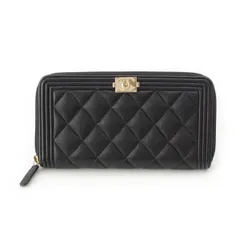 シャネル 30番台 ボーイシャネル  キャビアスキン ココマーク ラウンドジップ ウォレット 長財布 ブラック【中古】