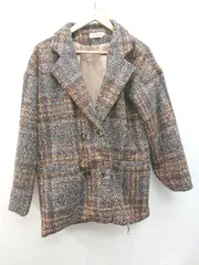 ◇ JUNOAH ジュノア チェック ダブルボタン 長袖 コート ジャケット サイズL パープル ブラウン系 マルチ レディース P  【1402160011381】