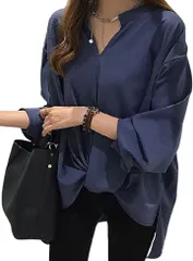 aspersio アスペルシオ エレガント シャツ きれいめ 長袖 トップス レディース ブラウス プルオーバー ギャザー 可愛い ロングシャツ とろみ オフィス リボン vネック カットソー バルーン フォーマル (ネイビーブルー,  L)