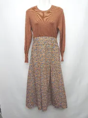 ◇ Andemiu アンデミュウ 異素材 切替 リブニット 花柄 長袖 ロング丈 ワンピース サイズF ブラウン系 マルチ レディース P  【1402270006239】