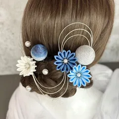 卒業式髪飾り 成人式髪飾り/ウエディング ヘッドパーツ 結婚式 色打掛 サテンつまみ細工 ちょい足し 水色 青