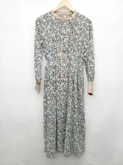 ◇ natural couture 花柄 フラワー バンドカラー 長袖 ロング ワンピース サイズF ブラック ホワイト マルチ レディース P  【1402270015446】