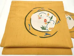 平和屋着物●九寸名古屋帯　紬地　型染め　草花文　金彩　正絹　逸品　CABB9265hy