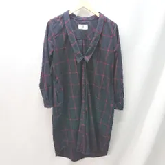 ◇ WORLD WIDE LOVE! チェック柄 ゆったり シャツワンピ 長袖 ひざ丈 ワンピース サイズ1 ネイビー レッド レディース E  【1404020011197】