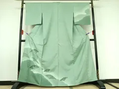 平和屋着物▽訪問着　単衣　紬地　刺繍　雲取り花文　暈し染め　正絹　逸品　AABF0961jh