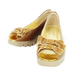 ヒルズ アヴェニュー Hills Avenue パンプス オープントゥ ハイヒール ウェーブソール 厚底 レザー リボン 小さいサイズ 21.5cm 茶 ブラウン /MN5 ■GY19