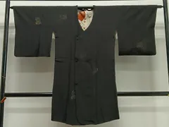 平和屋着物＃和装コート　草花文　黒地　金糸　ロング丈　正絹　逸品　CABB5242ua