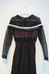 【0032】エレガント 花柄 総レース ロングワンピース ブラック 切替デザイン