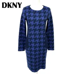 【美品】 DKNY 長袖ウールワンピース S ネイビー×黒 千鳥格子