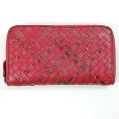 【中古】Bottega Veneta イントレチャート ラウンドファスナー長財布 レッド系 114076