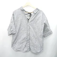 ◇ JEANASIS ジーナシス ストライプ　胸元紐 七分袖 Tシャツ サイズM グレー系 レディース E  【1408220001729】