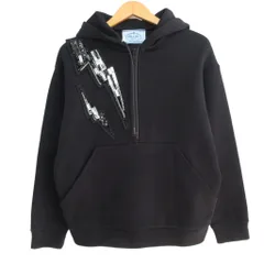 プラダ PRADA 2019年 ハーフジップパーカー フーディー ビジュー ラインストーン 装飾 プリント パッチ 国内正規 XS 黒 ブラック ■MNK2 1030のサムネイル