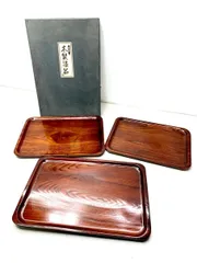 特選 木製漆器 トレー 3枚セット 未使用 漆塗り お盆 長角膳 大42cm 入れ子 昭和レトロ ヴィンテージ A1068A10