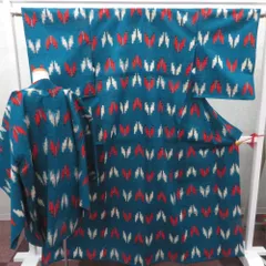 ウール着物 単衣 女性用ウールアンサンブル2点セット 羽織＆着物 ブルー系 絣調 矢羽根柄 しつけ糸付き バチ衿 カジュアル 普段使い