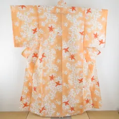 小紋 紬地 沢潟文様 単衣 広衿 橙色 正絹 仕立て上がり カジュアル着物 身丈153cm