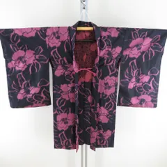 羽織 アンティーク 銘仙 椿柄 ちりよけコート 絹 黒紫色 レトロ 着物用 身丈98cm