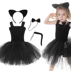 ネコ コスチューム 女の子 4点セット(ワンピース＋髪飾り＋しっぽ＋蝶ネクタイ)可愛い 子供 ワンピース キッズ コスプレ クリスマス イベント 黒猫 パーティー ダンス衣装 ステージお姫様 ハロウィン 変装 卒園式 [Angenster] 誕生日 プレゼント