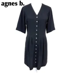 【美品】agnes b. 七分袖 ブラウス ワンピース ロゴボタン 38 黒