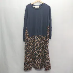 ◇ ⊇ MAISON BREEZE 切り替えデザイン 総柄 長袖 ロング丈 ワンピース サイズ表記なし ネイビー ブラウン レディース E  【1408220048731】