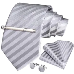 [DiBanGu] ネクタイ 結婚式 シルバー ネクタイ グレー ストライプ ビジネス ポケットチーフ セット 就活 入学式 1