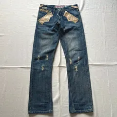 希少　90～00s　archive　アーカイブ古着　JEANNE D'ART　ジャン・ダール　ブーツカットシルエット　フレアデニム　フェイクレザーパッチ　ダメージ加工　鬼ヒゲ　M　Y2K　グランジ　平成ギャル男　fake leather patch denim