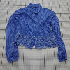 ◇ ⊂ 【ザラ ZARA】ストライプ ブルー系 レースデザイン 長袖シャツ EUR/USA S 日本サイズM レディース E  【1509190043525】
