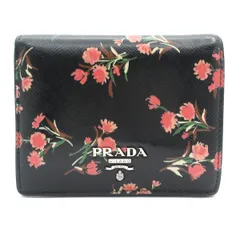 PRADA(プラダ) 2つ折り財布 - 1MV204 黒×ピンク×グリーン×マルチ 花柄 レザー