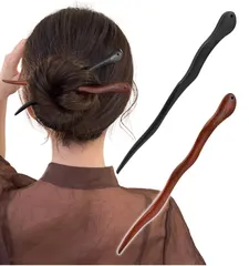 【在庫処分】[Herbeluemily] かんざし 簪 ヘアスティック 髪飾り シンプル ヘアアクセサリー シンプル 和風 木製 B ブラック+レッドブラウン HM-0131-R01-B