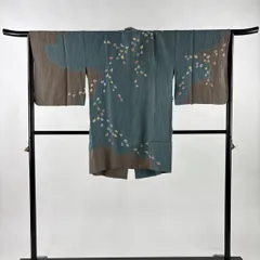 道中着 身丈93cm 裄丈66.5cm M 和装コート 幾何学模様 絞り 染め分け 茶緑色 正絹 秀品 【中古】