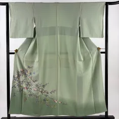 付下げ 身丈153cm 裄丈63cm S 袷 落款 枝花 刺繍 ぼかし 薄緑 正絹 名品 【中古】
