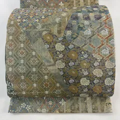 袋帯 秀品 正倉院名物裂集成 花唐草 金糸 箔 灰緑 全通 正絹 【中古】