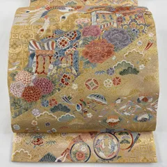 【美品】 袋帯 秀品 関西仕立て 花鳥 御所車 刺繍 箔 金色 六通 正絹 【中古】