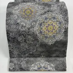 【美品】 袋帯 秀品 華文 花唐草 箔 銀糸 黒灰 六通 正絹 【中古】