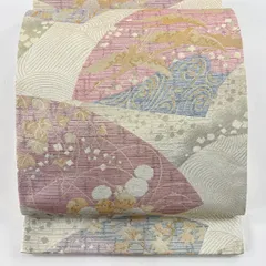【美品】 袋帯 秀品 扇面 花鳥 金銀糸 箔 ベージュ 六通 正絹 【中古】