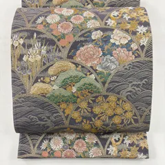 【美品】 袋帯 秀品 草花 松梅 刺繍 金糸 紫 六通 正絹 【中古】