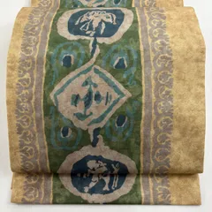 【美品】 袋帯 逸品 落款 牛首紬地 幾何学 ベージュ 全通 正絹 【中古】