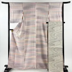 【美品】 小紋 身丈165cm 裄丈63cm S 袷 袋帯セット 落款 霞 地紋 銀糸 ぼかし 薄ピンク 正絹 秀品 【中古】